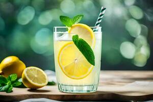 limonade in een glas met munt bladeren. ai-gegenereerd foto