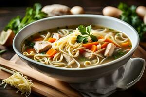 kip noodle soep met groenten en kruiden. ai-gegenereerd foto