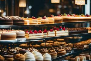 veel verschillend types van cakes zijn Aan Scherm in een bakkerij. ai-gegenereerd foto