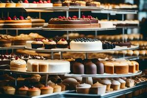 veel verschillend types van cakes zijn Aan Scherm in een bakkerij. ai-gegenereerd foto