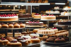 veel verschillend types van cakes zijn Aan Scherm in een bakkerij. ai-gegenereerd foto