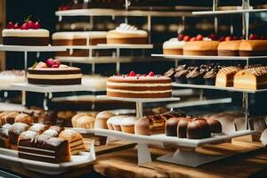 veel verschillend types van cakes zijn Aan Scherm in een bakkerij. ai-gegenereerd foto