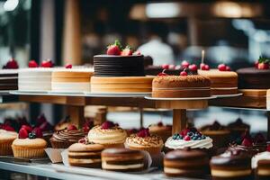 veel verschillend types van cakes zijn Aan Scherm in een bakkerij. ai-gegenereerd foto