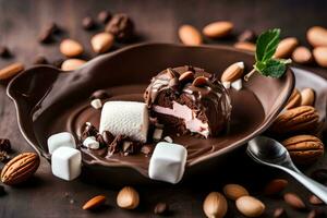 chocola toetje met marshmallows en noten Aan een bord. ai-gegenereerd foto