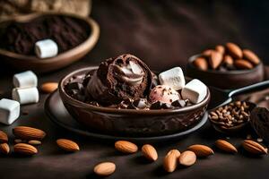 chocola ijs room met marshmallows en amandelen in een schaal. ai-gegenereerd foto