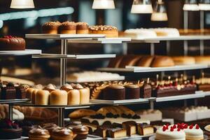 veel verschillend types van cakes zijn Aan Scherm in een bakkerij. ai-gegenereerd foto