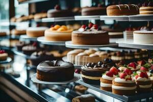 veel verschillend types van cakes zijn Aan Scherm in een bakkerij. ai-gegenereerd foto