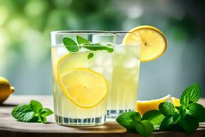 limonade in een glas met munt bladeren. ai-gegenereerd foto