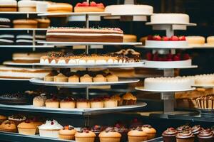 veel verschillend types van cakes zijn Aan Scherm in een bakkerij. ai-gegenereerd foto