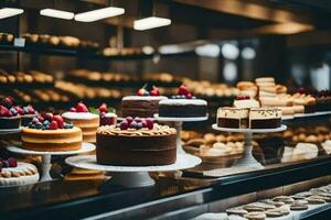 veel verschillend types van cakes zijn Aan Scherm in een bakkerij. ai-gegenereerd foto