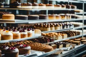 veel verschillend types van cakes zijn Aan Scherm in een bakkerij. ai-gegenereerd foto