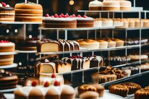 veel verschillend types van cakes zijn Aan Scherm in een bakkerij. ai-gegenereerd foto