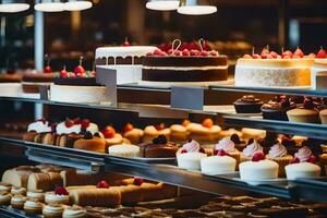 veel verschillend types van cakes zijn Aan Scherm in een bakkerij. ai-gegenereerd foto