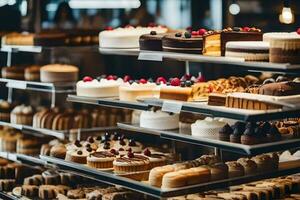 veel verschillend types van cakes zijn Aan Scherm in een bakkerij. ai-gegenereerd foto