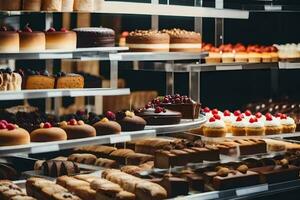 een Scherm van cakes en gebakjes in een bakkerij. ai-gegenereerd foto