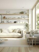 leven kamer met couches en Open plan rekken, Australisch landschappen in licht wit en licht beige tonen. ai gegenereerd foto