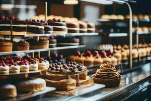 veel verschillend types van cakes zijn Aan Scherm in een bakkerij. ai-gegenereerd foto