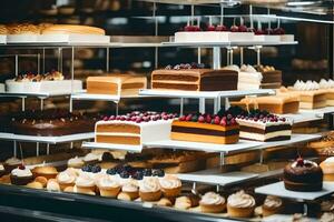 veel verschillend types van cakes zijn weergegeven in een Scherm geval. ai-gegenereerd foto