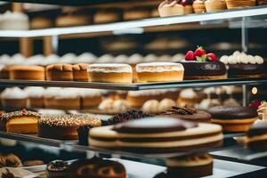 veel verschillend types van cakes zijn Aan Scherm in een bakkerij. ai-gegenereerd foto