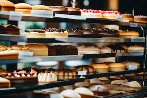 veel verschillend types van cakes zijn Aan Scherm in een bakkerij. ai-gegenereerd foto