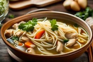 kip noodle soep met groenten en kruiden. ai-gegenereerd foto