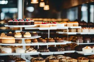 veel verschillend types van cakes zijn Aan Scherm in een bakkerij. ai-gegenereerd foto