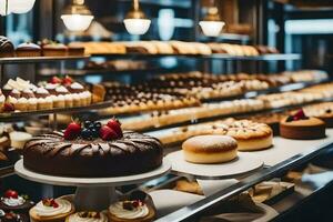 een bakkerij met veel verschillend types van gebakjes Aan Scherm. ai-gegenereerd foto