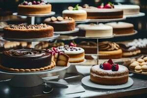 een verscheidenheid van cakes zijn Aan Scherm in een bakkerij. ai-gegenereerd foto