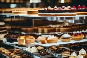 veel verschillend types van cakes zijn Aan Scherm in een bakkerij. ai-gegenereerd foto