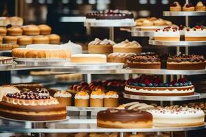 veel verschillend types van cakes zijn Aan Scherm in een bakkerij. ai-gegenereerd foto