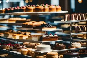 veel verschillend types van cakes zijn Aan Scherm in een bakkerij. ai-gegenereerd foto