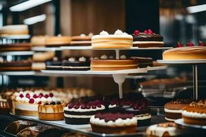 veel verschillend types van cakes zijn Aan Scherm in een bakkerij. ai-gegenereerd foto