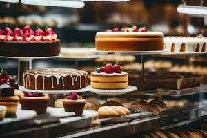 veel verschillend types van cakes zijn Aan Scherm in een bakkerij. ai-gegenereerd foto