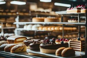 veel verschillend types van cakes zijn Aan Scherm in een bakkerij. ai-gegenereerd foto