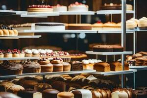 veel verschillend types van cakes zijn Aan Scherm in een bakkerij. ai-gegenereerd foto