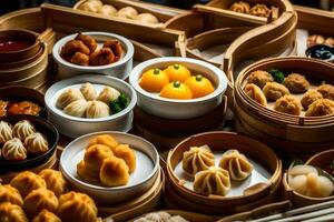 een verscheidenheid van Chinese voedsel in houten dozen. ai-gegenereerd foto