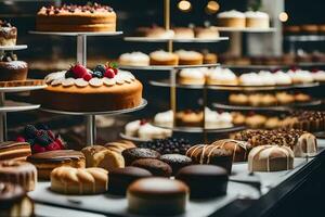 veel verschillend types van cakes zijn Aan Scherm in een bakkerij. ai-gegenereerd foto