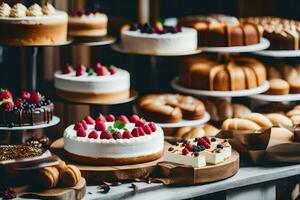 een verscheidenheid van cakes en gebakjes Aan Scherm in een bakkerij. ai-gegenereerd foto