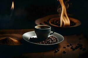 koffie bonen Aan een houten tafel met een kop van koffie. ai-gegenereerd foto