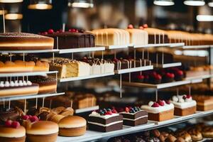 veel verschillend types van cakes zijn Aan Scherm in een bakkerij. ai-gegenereerd foto