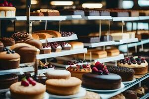 veel verschillend types van cakes zijn Aan Scherm in een bakkerij. ai-gegenereerd foto