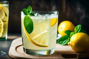 limonade in een glas met citroenen en munt. ai-gegenereerd foto