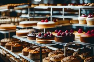 veel verschillend types van cakes zijn Aan Scherm in een bakkerij. ai-gegenereerd foto