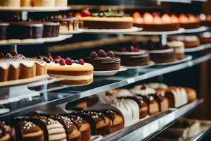 veel verschillend types van cakes zijn Aan Scherm in een bakkerij. ai-gegenereerd foto