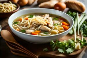 kip noodle soep met groenten en noedels. ai-gegenereerd foto