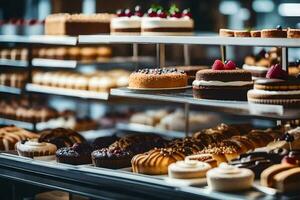 veel verschillend types van cakes zijn Aan Scherm in een bakkerij. ai-gegenereerd foto