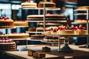 een verscheidenheid van cakes zijn weergegeven Aan een tafel. ai-gegenereerd foto