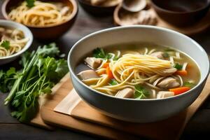 kip noodle soep met groenten en kruiden in een schaal. ai-gegenereerd foto