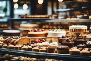 veel verschillend types van cakes zijn Aan Scherm in een bakkerij. ai-gegenereerd foto