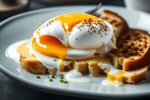 een bord bekroond met eieren en geroosterd brood. ai-gegenereerd foto